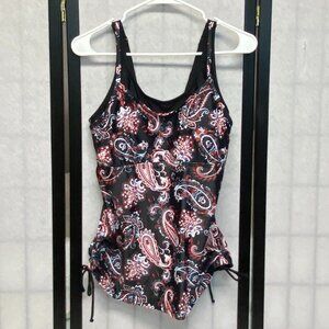 Yonique Double Bodice Scoop Neck Side Cinch Tankini Top Black Red Bandana NWT M
